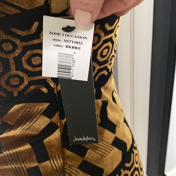 NWT NICHOLE MILLER BLACK/BRONZE VELVET BURNOUT AZTEC PRINT SPAGHETTI STRAP DRESS - Picture 16 of 16